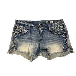 Miss Me Signature Short Denim Cutoff Shorts Braided Rhinestone Embroidered Sz 31
